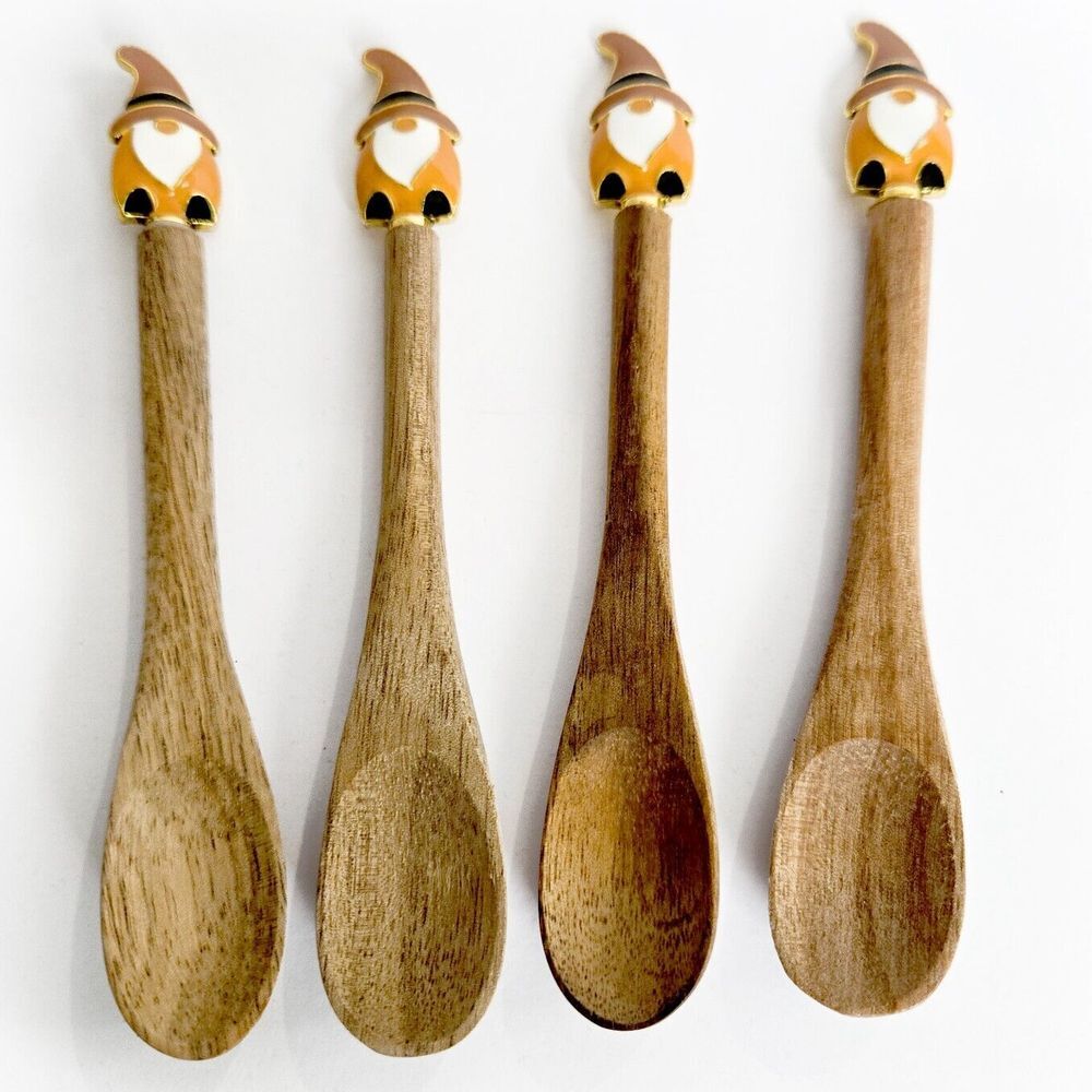 *CUTE! 4 Gnomes Natural Wood Small Serving Spoons Herbs Jam Dips 5" Mini Spoons
